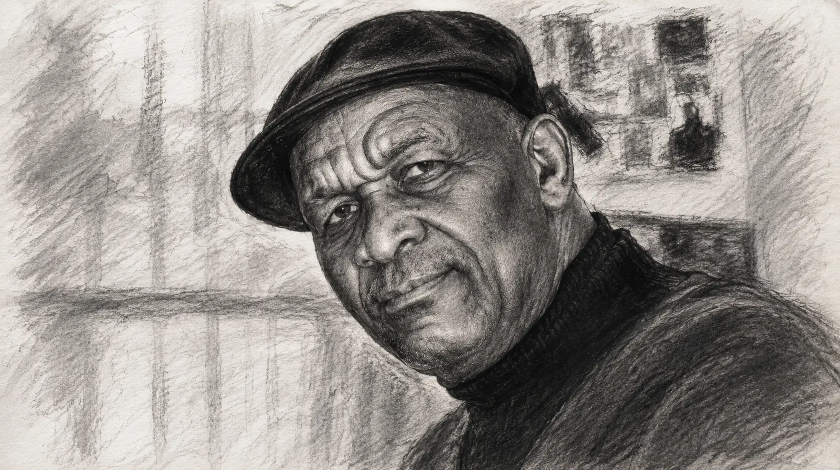 Charcoal-style portrait of a Black Montreal elder wearing a flat cap